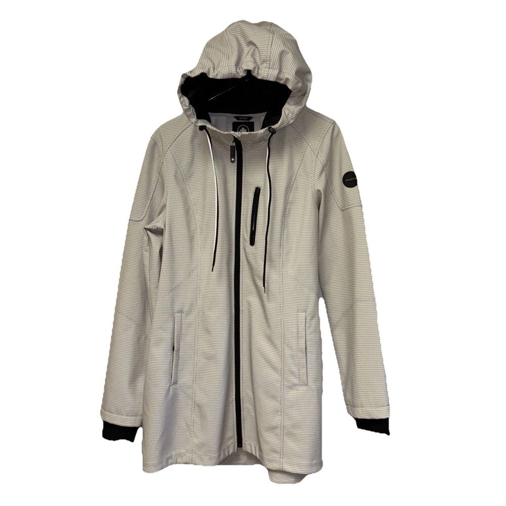 Halifax Traders Women Full Zip Hooded Jacket Cream Black Dots Rain Coat L Pocket